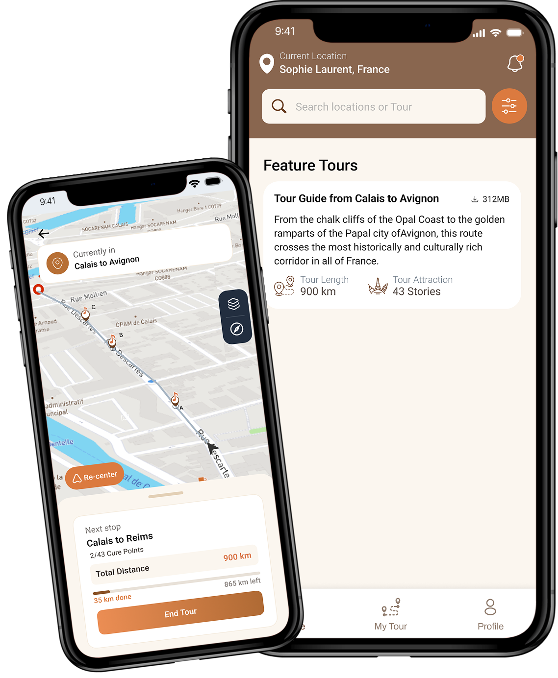 Brown Autoroute Signs route and tour detail screens