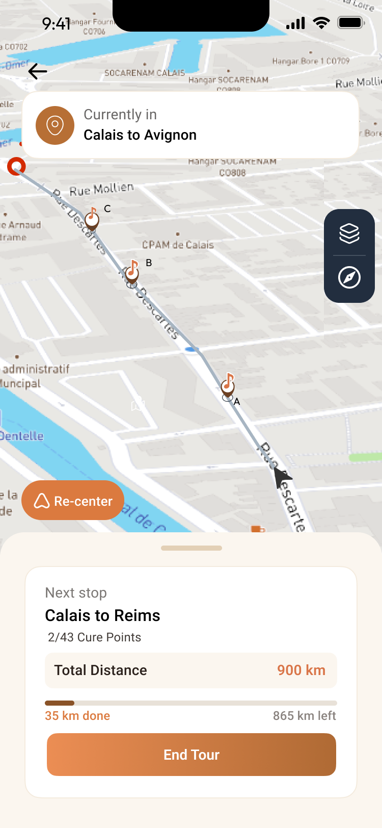 Live route tracking screen for Brown Autoroute Signs